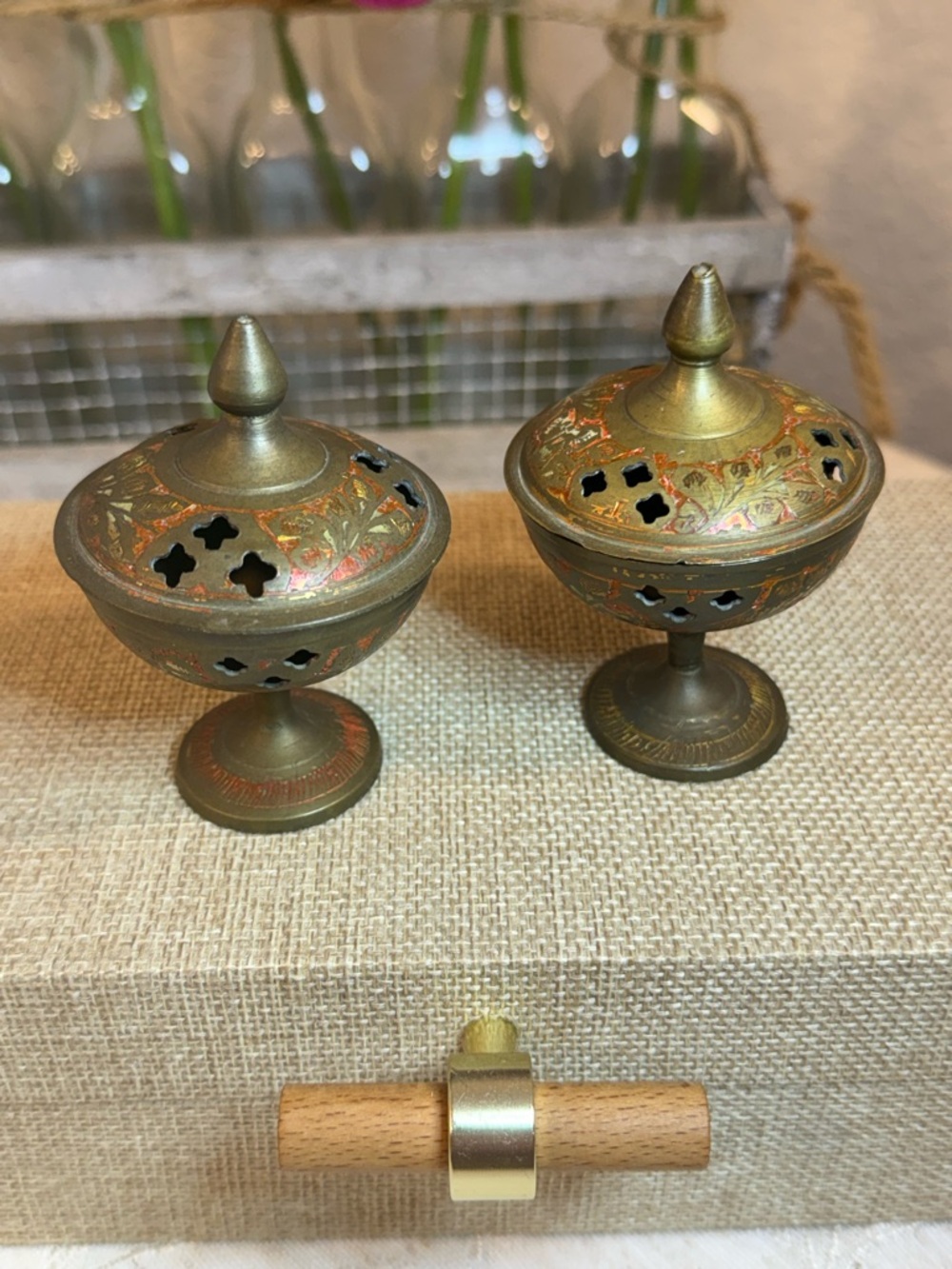 Vintage Indian Brass Incense Burners, Etched Floral Enamel, Pair, Mid-Century